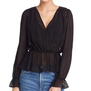 Aqua Black Swiss Dot Long Sleeve Faux Wrap Top, Large